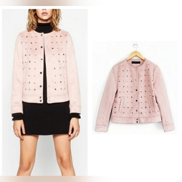Zara Jackets & Blazers - Zara Soft Blush Pink Suede Studded Jacket Size L.